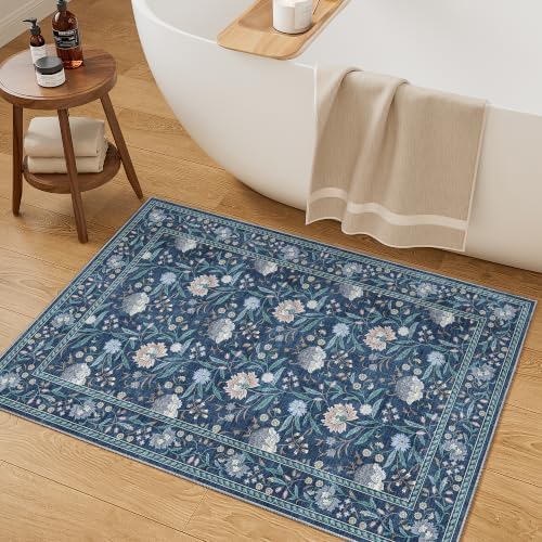 DUKINO 2x3 Rug, Washable Vintage Floral Bathroom Rugs Non Slip, Dark Blue