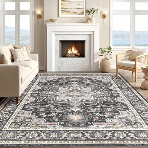 cotiled 10x12 Area Rug for Living Room, Washable, Traditional, Black