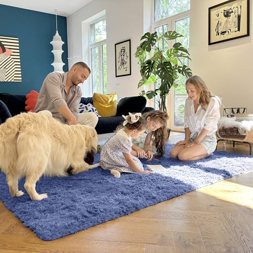 OLANLY 2x4 Machine Washable Runner Rugs for Hallway, Soft Fluffy Shaggy Bedside Rugs for Bedroom, Living Room, Indoor Floor Carpet for Kids Girls and Boys, Home Decor Aesthetic, Denim Blue