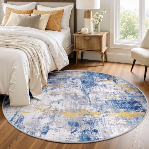 RELEANY Washable Round 4ft Area Rug for Living Room Blue Gold