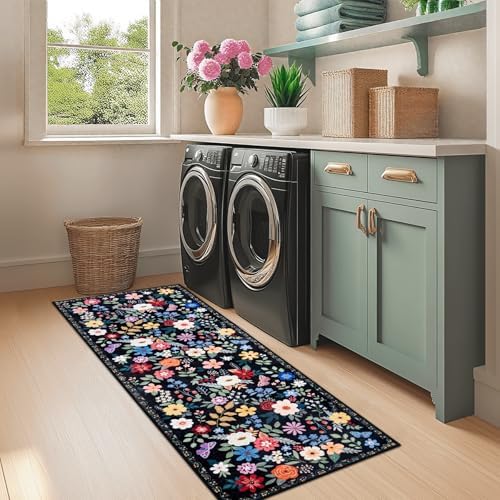 PLHXFR 2x5 Washable Runner Rug：Floral Indoor Kitchen Soft Carpet Black