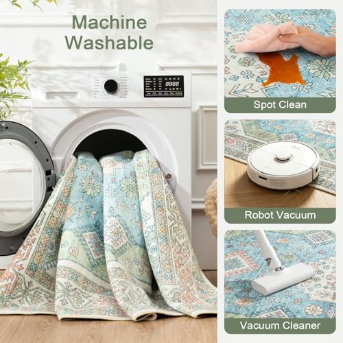 Lofus Living Room Rugs 5x7, Boho Sage Green and Light Blue Washable Carpet