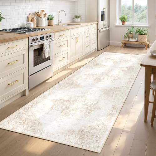 Runner Rug 2.6x8 Washable Rug, Vintage Boho Medallion Hallway Runner Non-Slip Soft Low Pile Distressed Floor Carpet Retro Doormat for Kitchen Bedroom Laundry Entryway Bathroom (Beige, 2'6''x8')