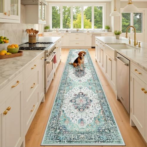 RELEANY Washable Area Rug, Runner 2'x10', Teal Green/White/Navy