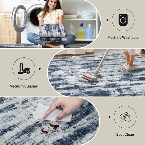 8x10 Area Rugs for Living Room: Washable Abstract Blue Grey Bedroom Carpet