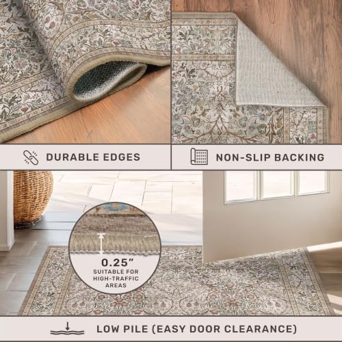 Dining Room Rugs for Under Table - 5x8 Washable Moss Green Oriental Area Rug for Living Room, Low Pile Non-Slip Floor Carpet for Bedroom - Vintage Brown Design & Stain Resistance