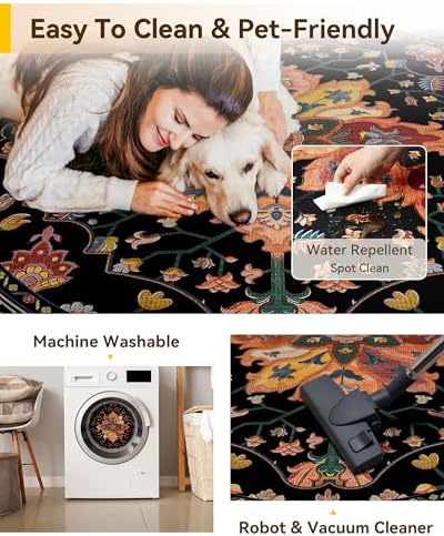 RELEANY Washable Area Rug, Round 4ft, Black/Colorful