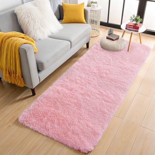 OLANLY 2x5 Machine Washable Runner Rugs for Hallway, Soft Fluffy Shaggy Bedside Rugs for Bedroom, Living Room, Indoor Floor Carpet for Kids Girls and Boys, Nursery Rooms, Home Decor Aesthetic, Pink