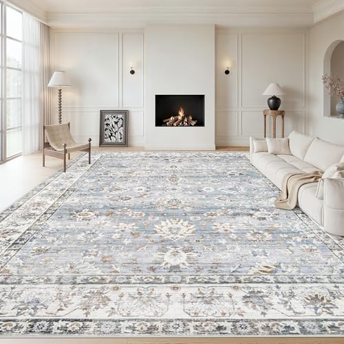 XLUEZ Area Rug 8x10 Living Room Rug, Machine Washable Vintage Distressed Boho Area Rug Non-Slip Soft Low Pile Large Indoor Rugs for Bedroom Kitchen Dining Room Office(Light Blue,8'x10')