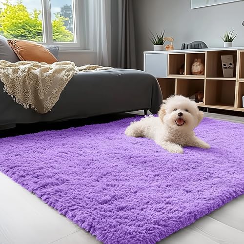 OLANLY 3x5 Machine Washable Small Bedside Rug, Soft Fluffy Shaggy Rugs for Living Room, Bedroom, Indoor Floor Carpet for Kids Girls and Boys, Preppy Dorms, Nursery, Home Decor Aesthetic, Purple