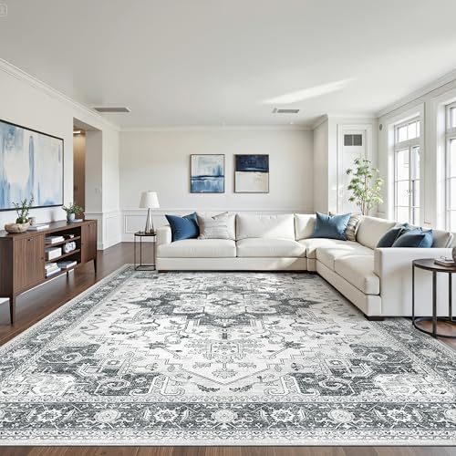 Machine Washable Rugs 9x12,Vintage Floral Area Rugs,Large Carpet Grey