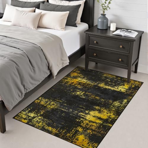 Area Rug Living Room: 3x5 Modern Washable Soft Carpet Black Gold