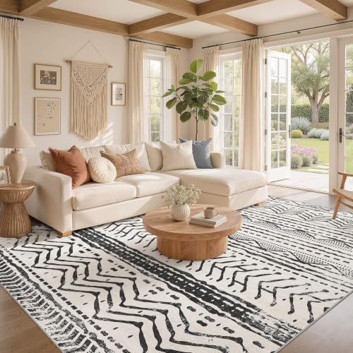 Nakagishi Black Rug Living Room Rugs: 9x12 Machine Washable Boho Large Neutral Modern Soft Moroccan Stain Resistant Indoor Floor Non Slip Accent Carpet for Bedroom Nursery Kids Playroom Office