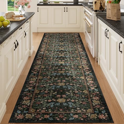 DUKINO 3x6 Kitchen Runner Rug, Washable Vintage Floral Area Rug, Black