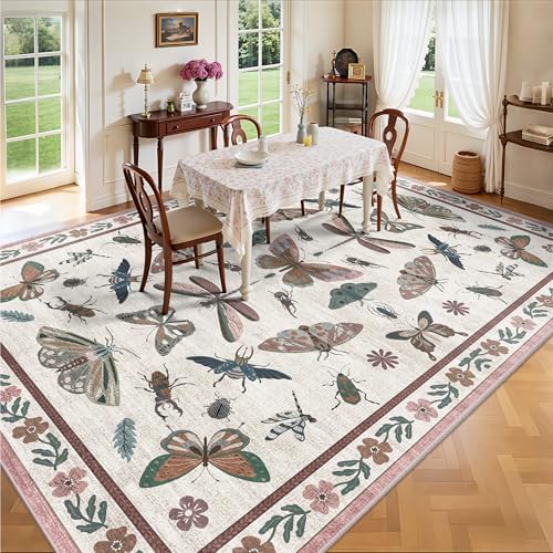 8x10 Area Rugs, Insect Ultra Soft Washable Rug Non Slip with Rubber Back, Stain Resistant Rugs for Living Room, Bedroom, Dining Room, Kids Room(Pink Butterfly)