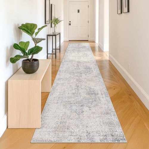 Hazo Haus Non Slip 10ft Long Hallway Runner Rug - Blue and Gray 2 x 10 Runner Rug, Washable & Waterproof 2x10 Kitchen Floor Mat - Modern Abstract Design Décor, Distressed Design