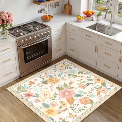 RELEANY Floral Washable Square 4ft Area Rug Beige/White/Orange