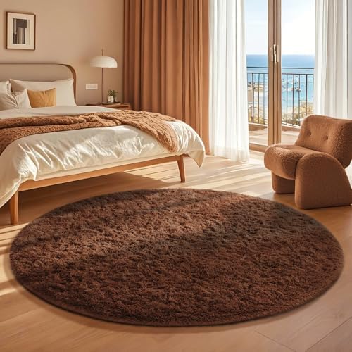 Ophanie Round Rug 4Ft Brown Circle Area Rug, Fluffy Fuzzy Small Bedroom Carpet, Plush Soft Shaggy Floor Living Room Circular Decor for Kids Boys Girls Home Aesthetic, Nursery with 99 pcs Pile fibers