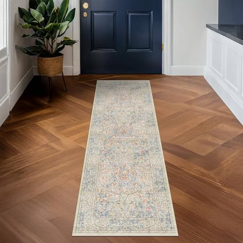 Hazo Haus Washable Bathroom Runner Rug 2x5, Non Slip Runner for Laundry Room, Bathroom Sink Mat - Vintage Pastel Beige Blue Throw Rug, Ultra Soft Low Pile Stain Resistant