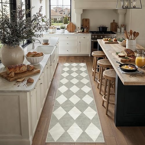 PureCozy Grey 2'6x8 Washable Runner Rug Kitchen Non Slip Checkered Carpet