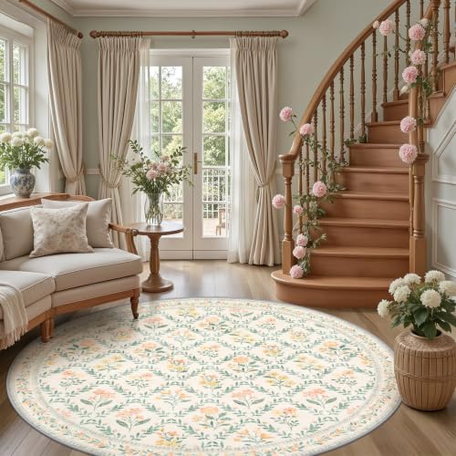 PLHXFR Round Area Rug Living Room: 8 ft Floral Washable Carpet Beige Multi
