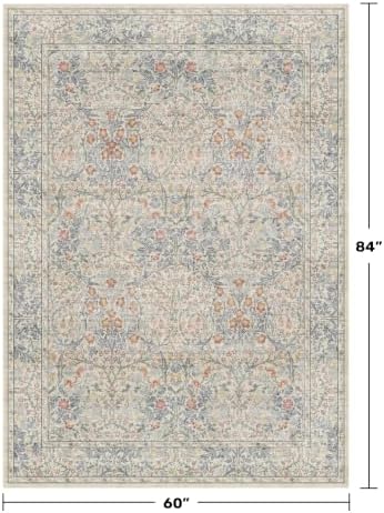Beige Blue Living Room Rug 5x7, Cottage Area Rug for Bedroom, Vintage Washable Floral Mat for Nursery, Office, Low Pile Non Slip Stain Resistance French Country Style Retro Indoor (5x7 Beige Blue)