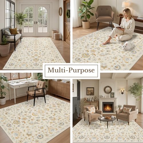 8x10 Area Rug Living Room: Soft Floral Washable Boho Carpet Beige