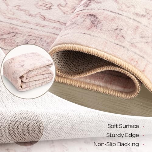CAPALOCA Round 4ft Washable Nursery Girls Low Pile Area Rug Pink