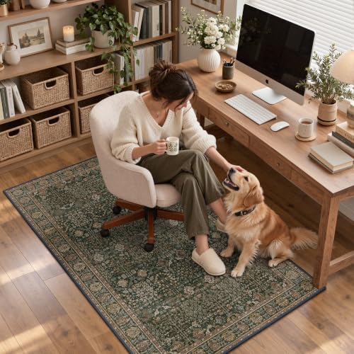 Bavni 3x5 Washable Area Rug for Living Room, Dark Green Brown
