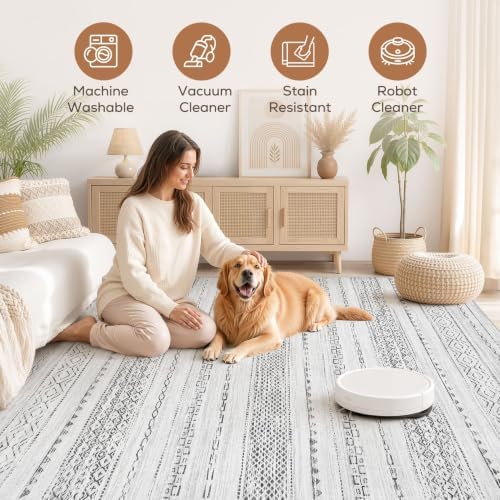 Nakagishi Area Rug Living Room Rugs: 12X15 Machine Washable Boho Large Neutral Farmhouse Stain Resistant Moroccan Indoor Floor Carpet for Bedroom Nursery Dorm Dining Room Home-Color Gray