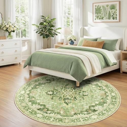 RELEANY Washable Area Rug, Round 7ft, Green/Yellow