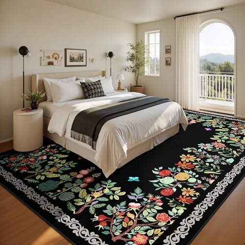 8x10 Area Rugs, Eco-Friendly Floral Washable Rug, Large Rugs for Living Room, Dining Room, Non-Slip Soft Durable Bedroom Rug（Black）