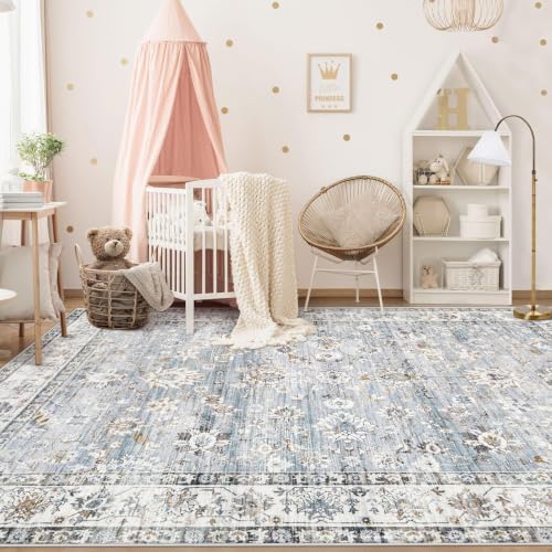 XLUEZ Area Rug 5x7 Living Room Rug, Machine Washable Vintage Distressed Boho Area Rug Non-Slip Soft Low Pile Large Indoor Rugs for Bedroom Kitchen Dining Room Office(Light Blue,5'x7')