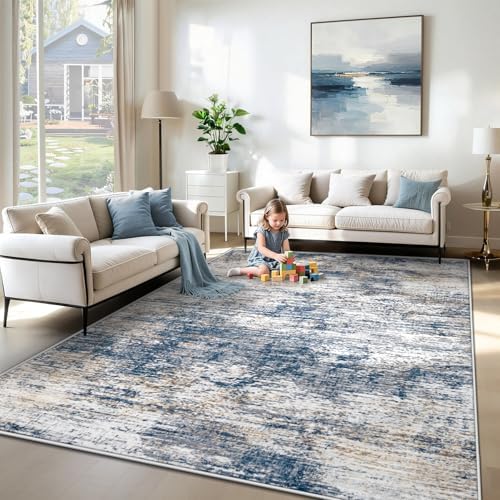XLUEZ 6x9 Area Rugs for Living Room, Washable Modern Abstract Large Area Rug Neutral Soft Non Slip Kids Rug Stain Resistant Indoor Carpet for Bedroom Nursery Dining Room Playroom(BlueWhite, 6'x9')