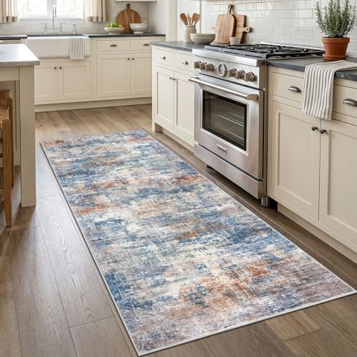 IOHOUZE Abstract Runner Rug 3x7 Ft Washable Runners for Hallways, Non Slip Kitchen Runner Printed Faux Wool Entryway Runner Indoor, Modern Abstract Floor Carpet for Hall Kitchen Bedroom, Blue Rust
