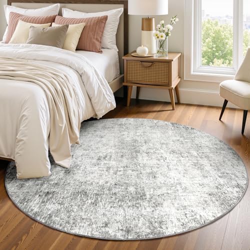 RELEANY Washable Round 4ft Area Rug for Living Room Gray White