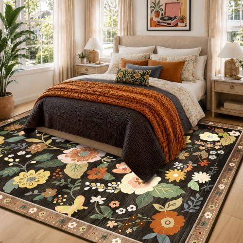 RELEANY Floral Washable 6x9 Area Rugs Black/Yellow