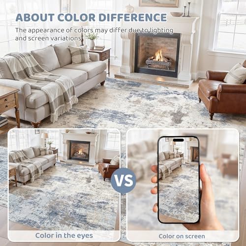 UERMEI 9x12 Area Rug Living Room Rugs - Washable Neutral Modern Abstract Soft Thin Large Rug Indoor Floor No Slip Rug Carpet for Bedroom Under Dining Table Home Office Decor- Denim Blue
