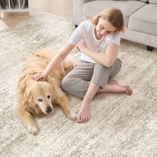 DMOYEST Area Rug Living Room Rugs - 9x12 Abstract Large Soft Indoor Washable Rug Neutral Modern Low Pile Carpet for Bedroom Dining Room Farmhouse Home Office - Vintage Beige