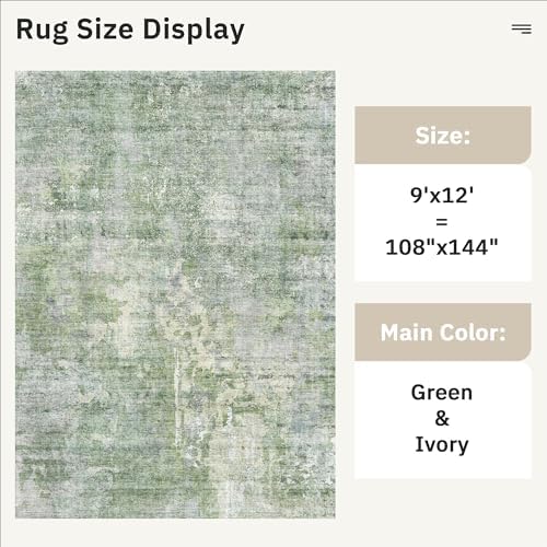 Soalmost 9x12 Area Rugs for Living Room Washable Rug Abstract Green/Ivory
