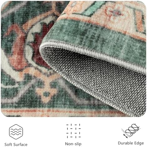 8x10 Area Rugs for Living Room - Washable Rug Vintage Distress Boho Medallion Rugs for Bedroom, Soft Non-Slip Backing Low Pile Carpet for Dining Room Office Nursery Dorm Home, Green Brown