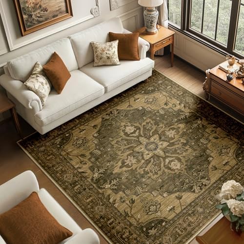 RELEANY Washable Area Rug, Square 6'x6', Brown/Dark Brown