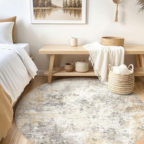 UERMEI 6ft Round Area Rug Living Room Rugs - 6x6 Washable Neutral Modern Abstract Soft Thin Rug Indoor Floor No Slip Rug Carpet for Bedroom Under Dining Table Home Office Decor - Golden Grey