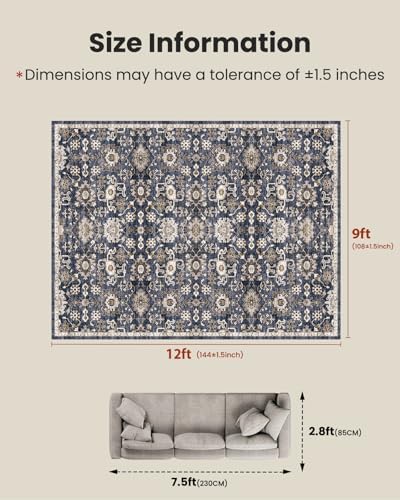 Amada Large 9x12 Washable Area Rug for Living Room, Blue/Brown, Vintage