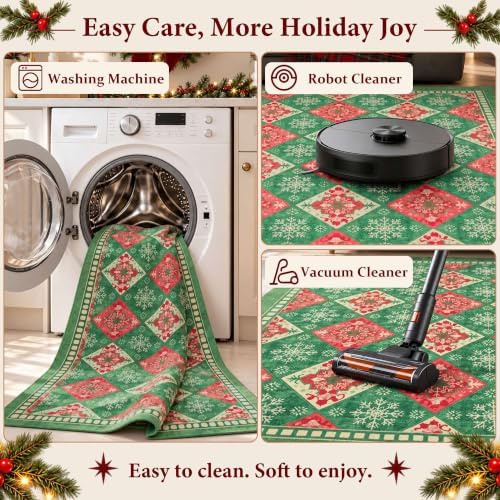 Green Christmas Area Rug 8x10, Large Checkered Washable Rug for Living Room
