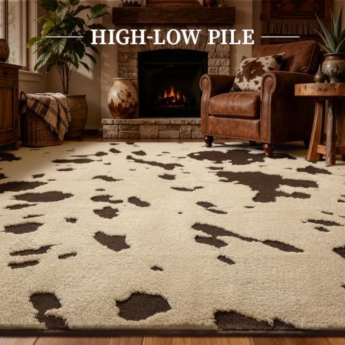 YIHOUSE Cowhide Area Rugs 5×7 Ft, Washable Plush Soft Brown and Cream Cow Rug, Non-Slip High-Low Pile Animal Carpet for Living Room, Bedroom, Dining Room, Nursery, Western Home Decor