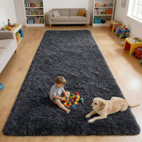 OLANLY 6x12 Machine Washable Large Area Rugs for Living Room, Bedroom, Soft Fluffy Shaggy Bedside Rug, Indoor Floor Carpet for Kids Girls and Boys, Dorms, Nursery, Home Decor Aesthetic, Black