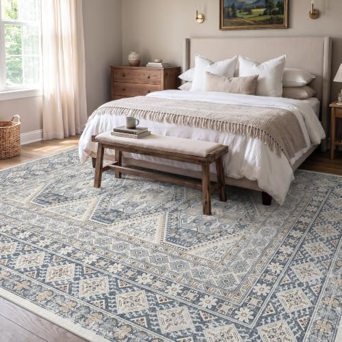 Ksrau 7x9 Area Rug Washable: Non Slip Living Room Floor Carpet Blue