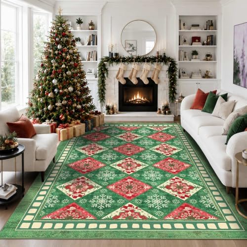 Green Christmas Area Rug 8x10, Large Checkered Washable Rug for Living Room