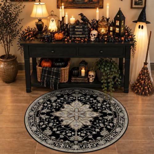 RELEANY Washable Area Rug, Round 6ft, Black/Neutral
